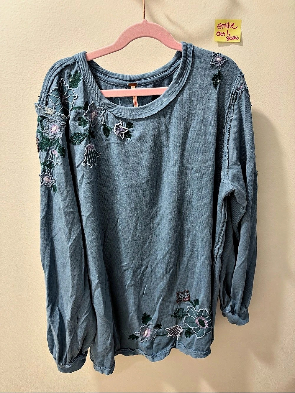 Free People Violet Vines Embroidered Long Sleeve Top in Blue Size Small
